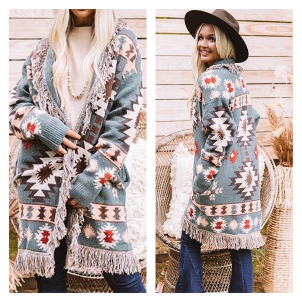 New Aztec Print Blanket Western Fringe Cardigan Sweater Coat - Picture 4 of 10